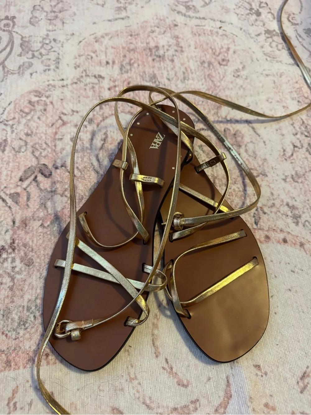 ZARA Metallic Gold Lace-Up Flat Sandals - Gold